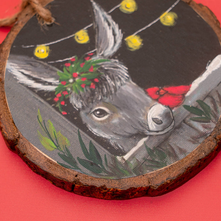 Hand-Painted Grey Horse Wooden Bark Ornament For Christmas Tree Decoration