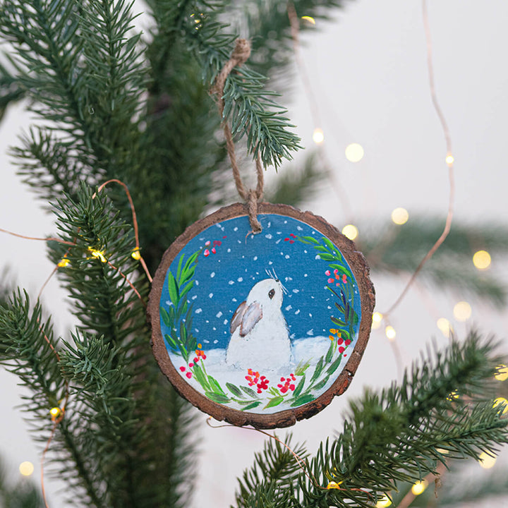Hand-Painted Bunny Wooden Bark Ornament For Christmas Tree Decoration