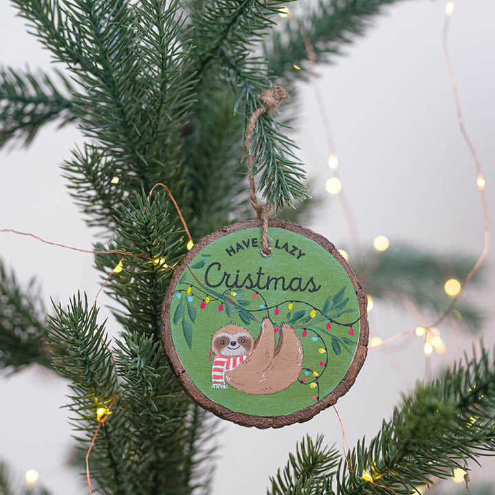 Hand-Painted Smiley Slot Wooden Bark Ornament For Christmas Tree Decoration