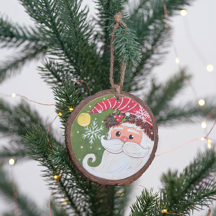 Hand-Painted Santa Wooden Bark Ornament For Christmas Tree Decoration
