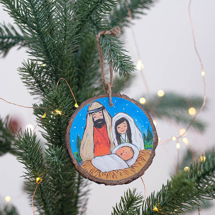 Hand-Painted Nativity Wooden Bark Ornament For Christmas Tree Decoration