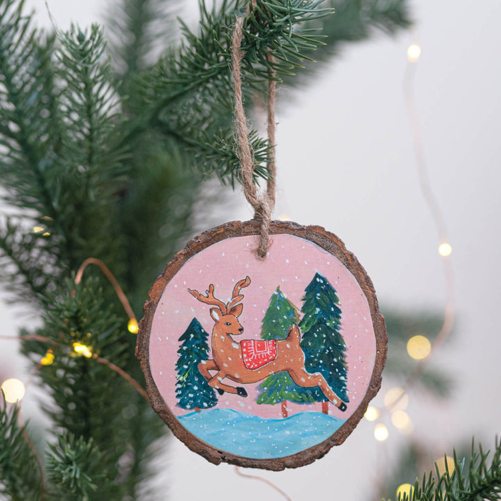 Hand-Painted Reindeer Wooden Bark Ornament For Christmas Tree Decoration