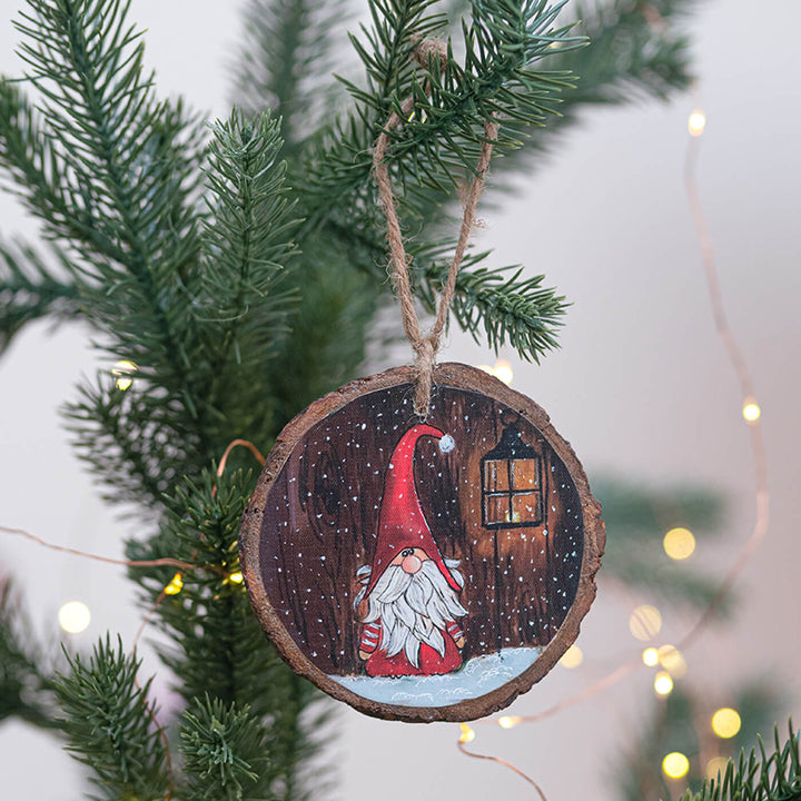 Hand-Painted Santa Claus Wooden Bark Ornament For Christmas Tree Decoration