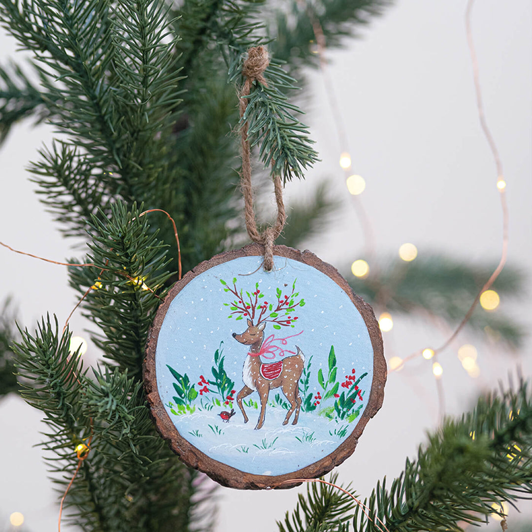 Hand-Painted Leaping Reindeer Wooden Bark Ornament For Christmas Tree Decoration