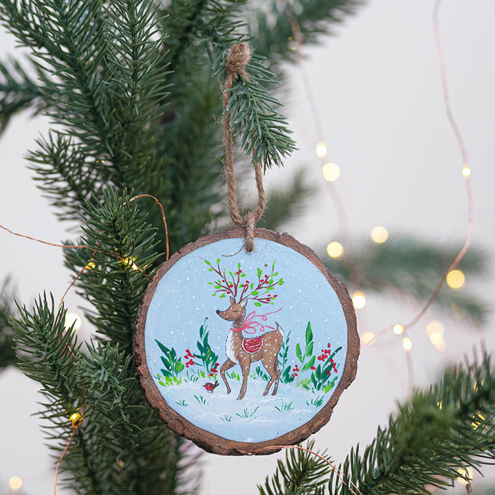 Hand-Painted Leaping Reindeer Wooden Bark Ornament For Christmas Tree Decoration