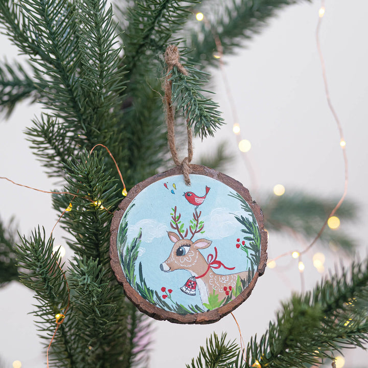 Hand-Painted Deer & Bird Wooden Bark Ornament For Christmas Tree Decoration