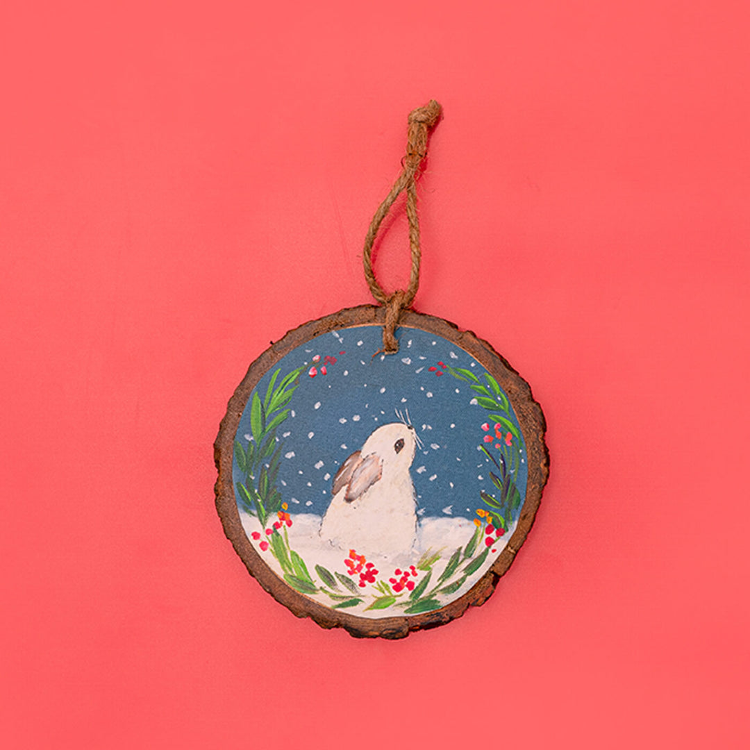 Hand-Painted Bunny Wooden Bark Ornament For Christmas Tree Decoration