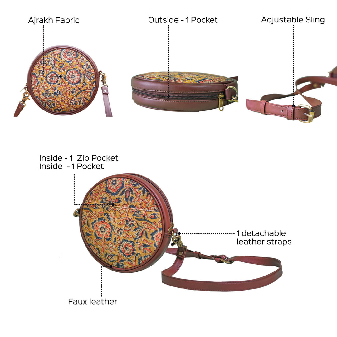 Ajrakh & Faux Leather Round Sling Bag