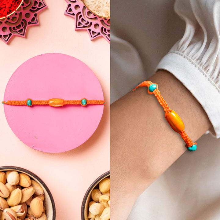 Macrame Cotton Rakhi With Beads Bhaiyya Bhabhi Set - Bracelet on Wrist Close-up