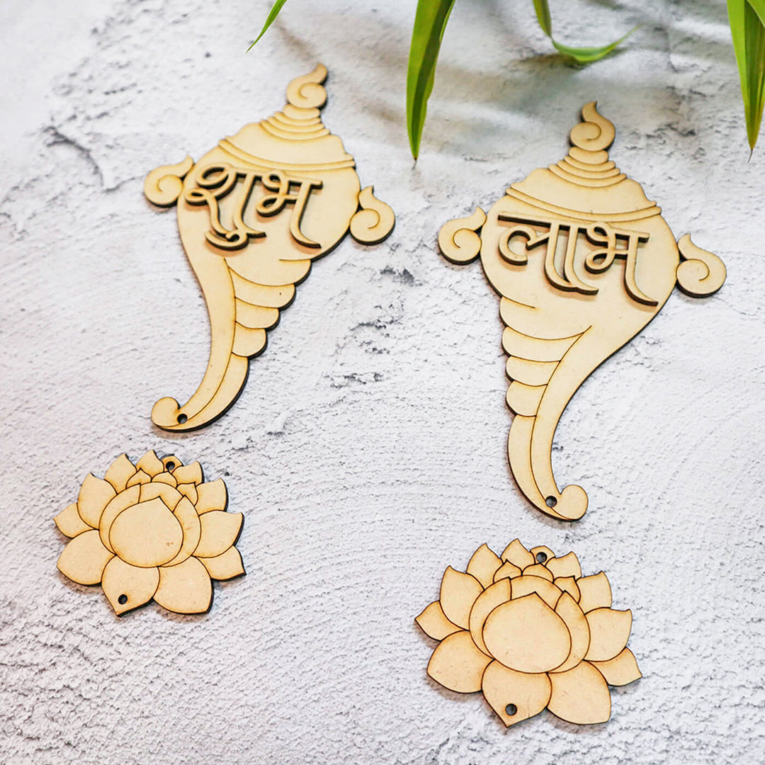 Saver Bundle - Ready to Paint Shankh & Lotus Shubh Labh MDF Hangings - SHUBH004