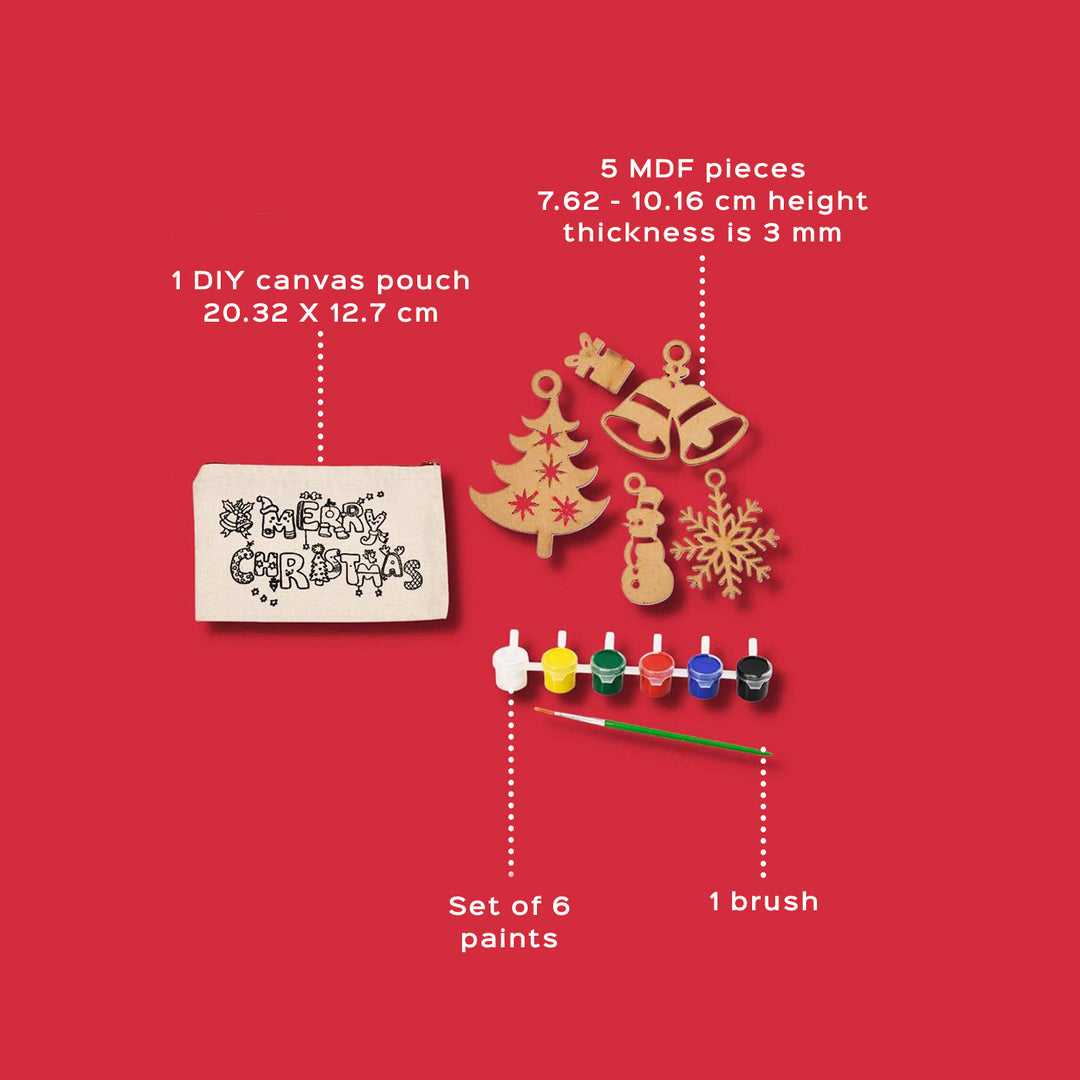 Ready-To-Paint Diy Kit With 5 Mdf Ornaments & Canvas Pouch | Xmas Gifting Ideas | Set Of 8