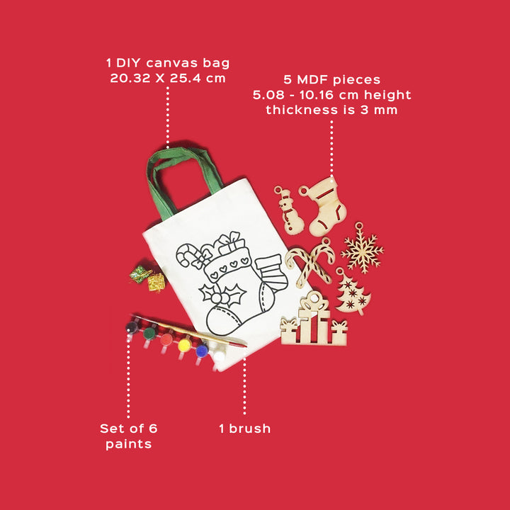 Ready-To-Paint Diy Kit With 5 Mdf Ornaments & Canvas Goodies Bag | Xmas Gifting Ideas | Set Of 8