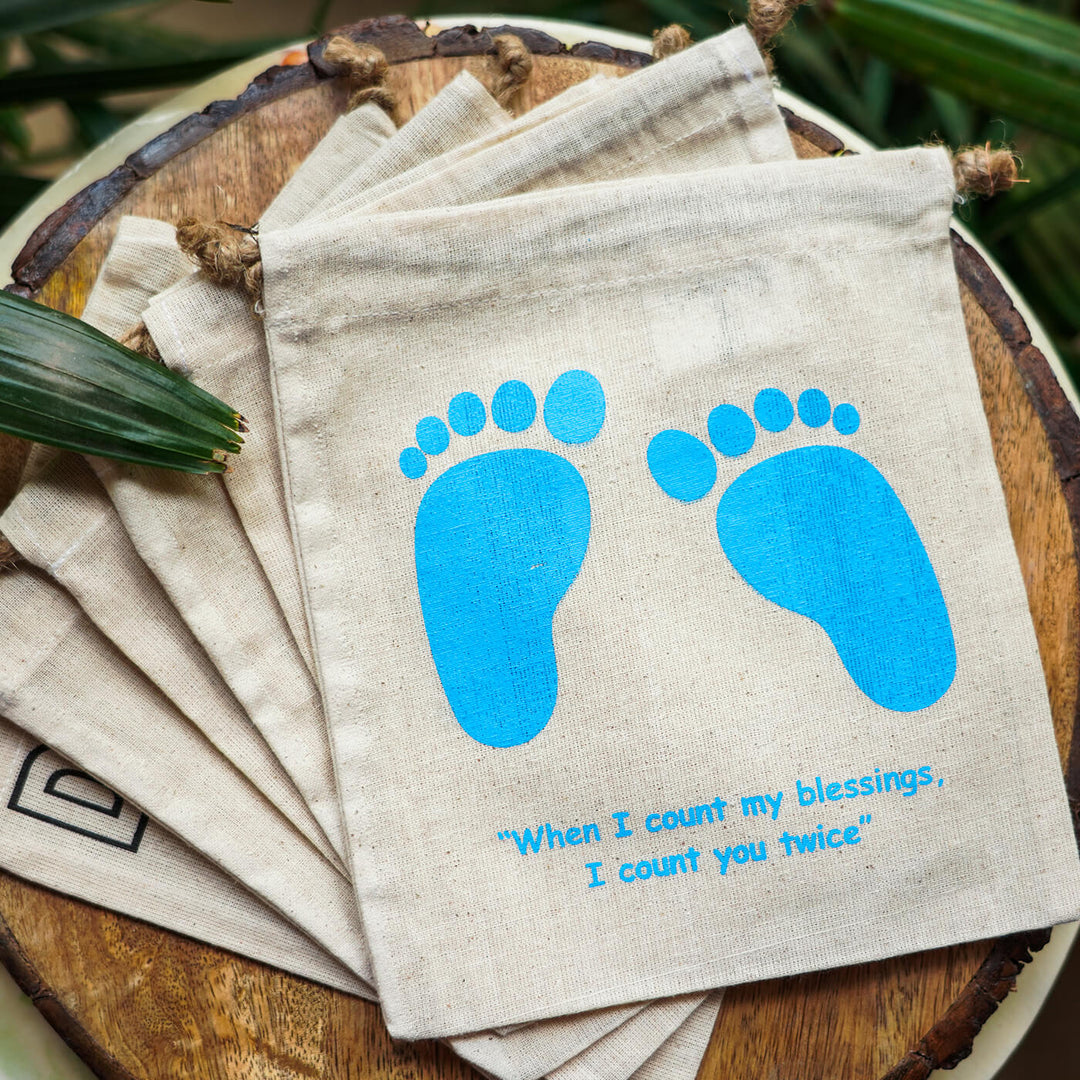 Canvas Pouches (Set of 6) - Baby Feet Print - Blue