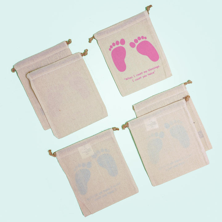 Canvas Pouches (Set of 6) - Baby Feet Print - Pink