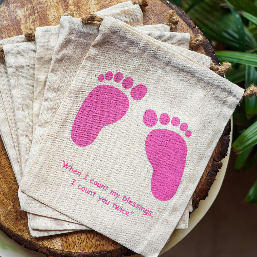Canvas Pouches (Set of 6) - Baby Feet Print - Pink