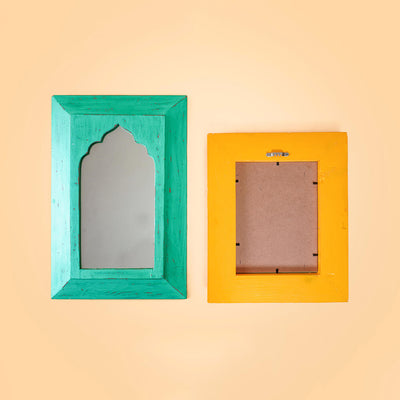 Vintage Mirror Bundle - Set of 2 Mughal Style Mirrors - Teal Medium & Chrome Yellow Small (SB03 & SB19)