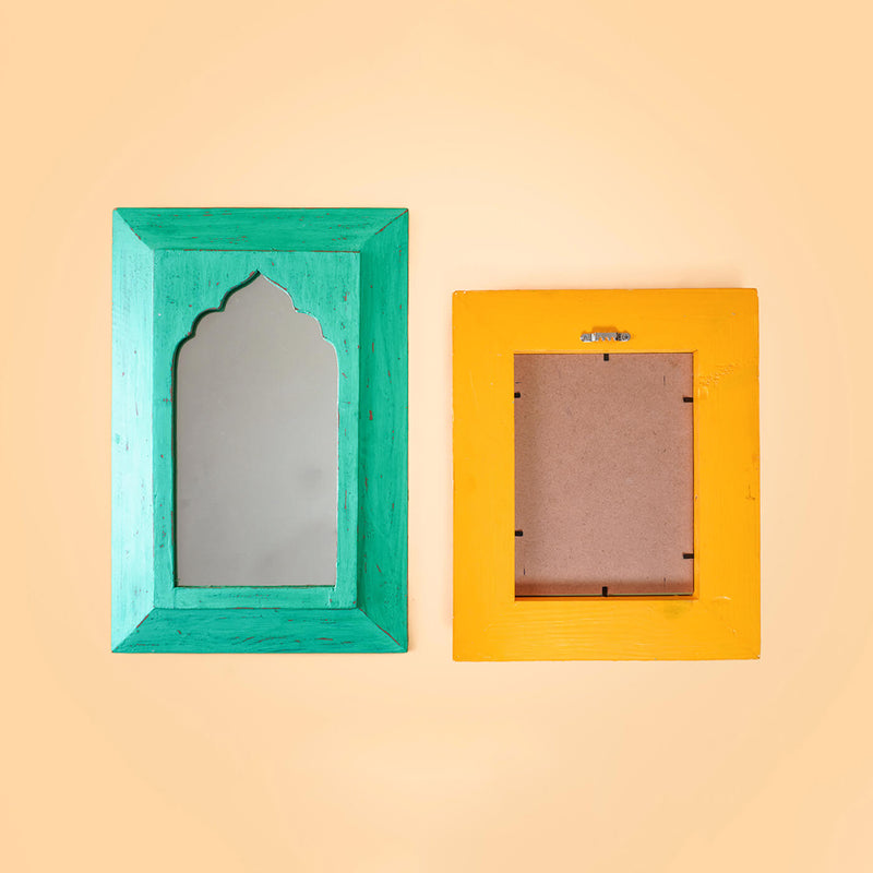 Vintage Mirror Bundle - Set of 2 Mughal Style Mirrors - Teal Medium & Chrome Yellow Small (SB03 & SB19)