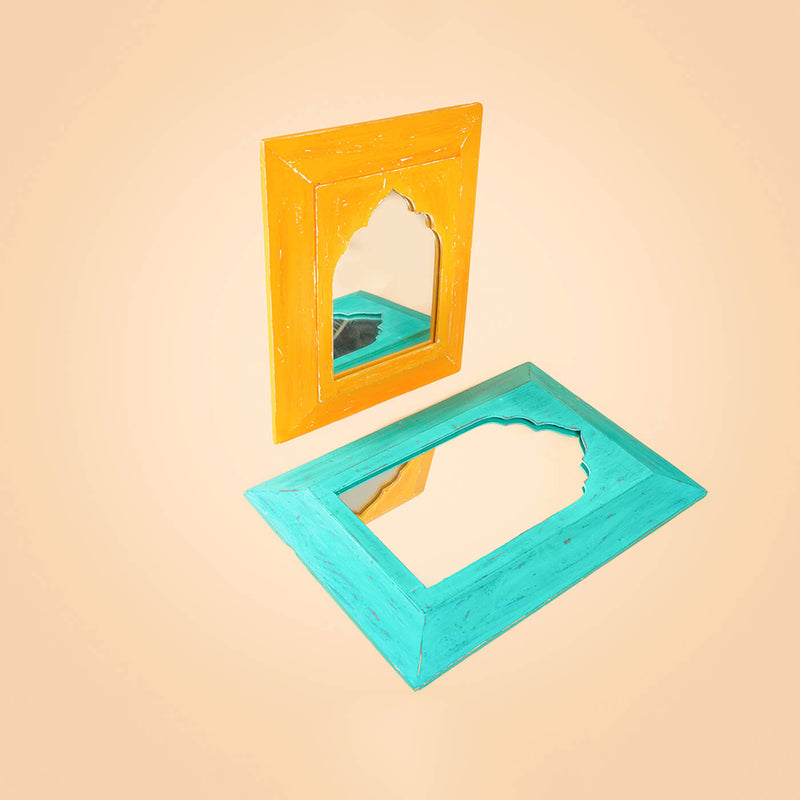Vintage Mirror Bundle - Set of 2 Mughal Style Mirrors - Teal Medium & Chrome Yellow Small (SB03 & SB19)