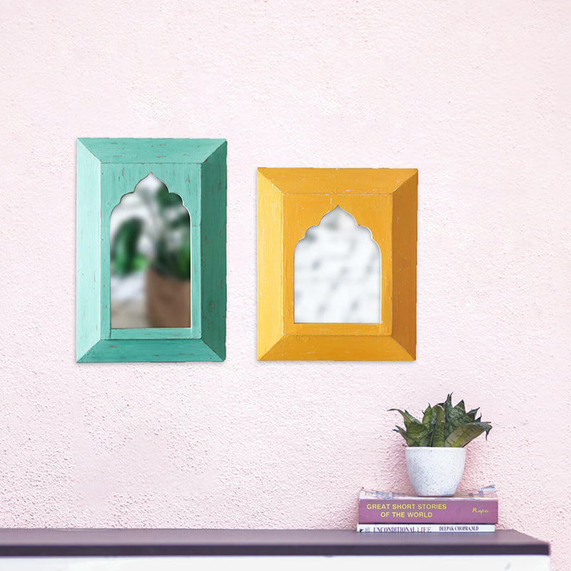 Vintage Mirror Bundle - Set of 2 Mughal Style Mirrors - Teal Medium & Chrome Yellow Small (SB03 & SB19)