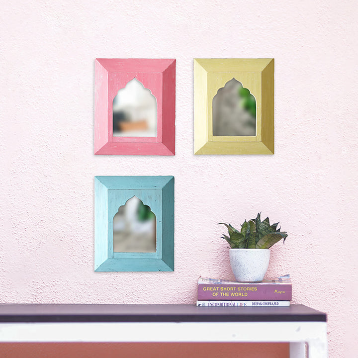 Vintage Small Mughal Mirrors Set of 3 - Pink, Sky Blue & Pale Yellow (SB16, SB17 & SB10)