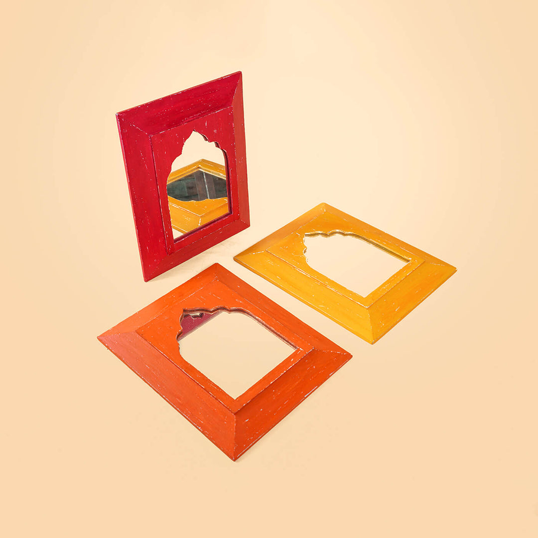 Set of 3 Vintage Small Mughal Mirrors - Red, Chrome Yellow & Orange (SB22, SB19 & SB14) - Zwende