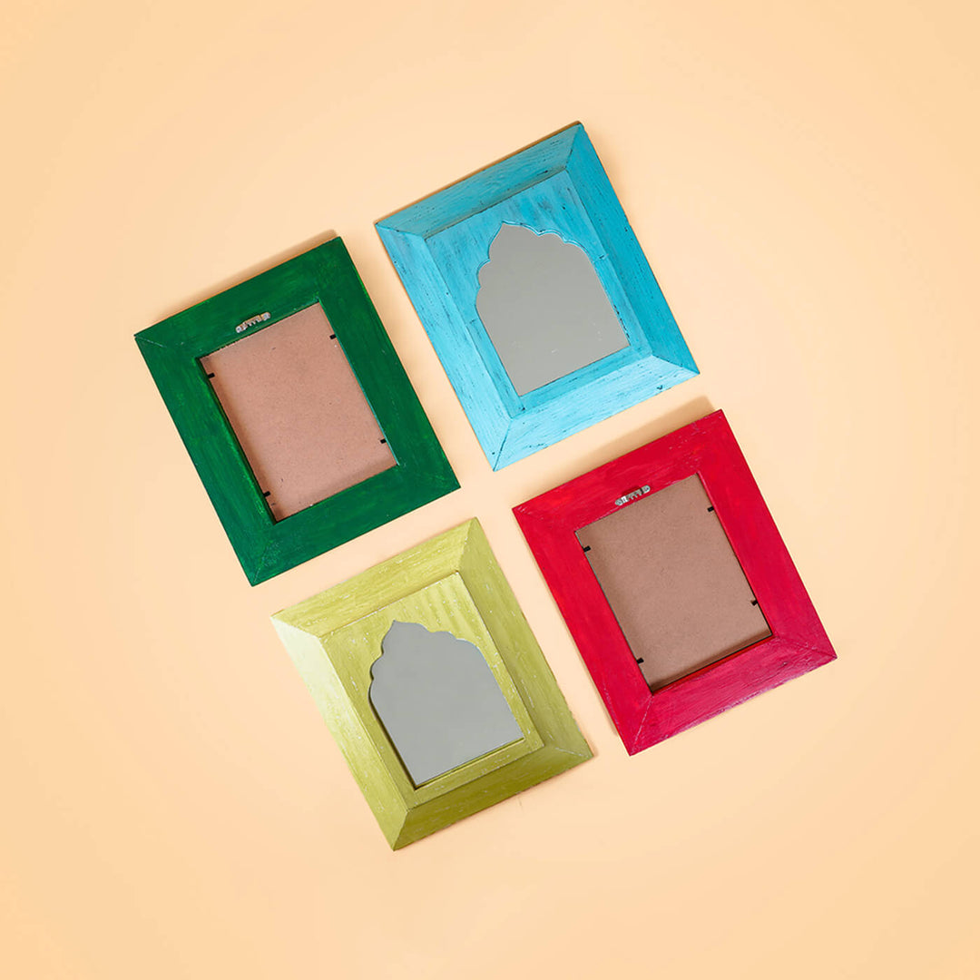 Set of 4 Vintage Small Mughal Mirrors - Green, Pale Yellow, Blue & Red (SB10, SB21, SB27 & SB22)
