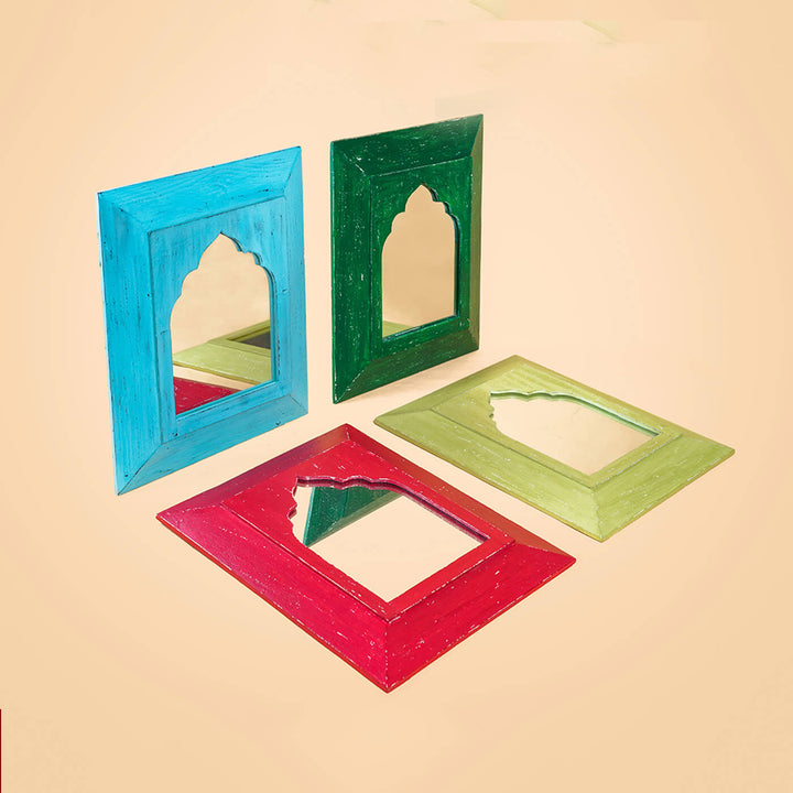 Set of 4 Vintage Small Mughal Mirrors - Green, Pale Yellow, Blue & Red (SB10, SB21, SB27 & SB22)