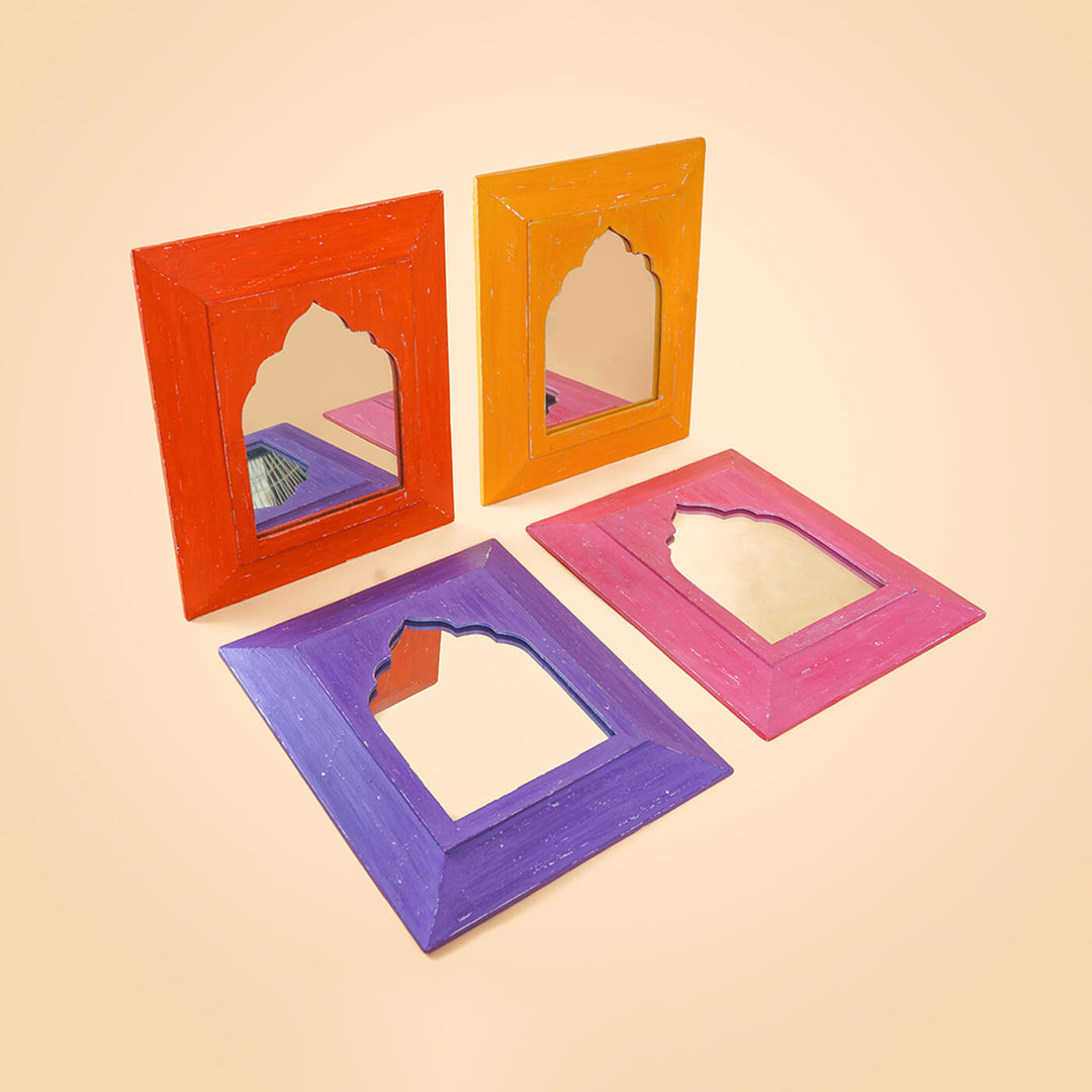 Set of 4 Vintage Small Mughal Mirrors - Pink, Orange, Chrome Yellow & Purple (SB16, SB14, SB19 & SB26)