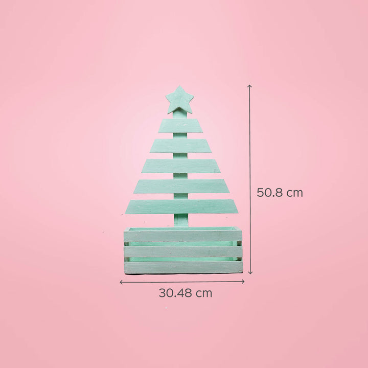 Hand-Painted Sea Green Large Wooden Christmas Tree Decor With Basket For Christmas Wall Decoration