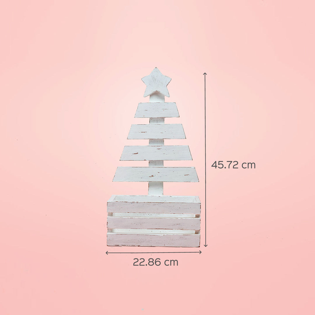 Hand-Painted White Small Wooden Christmas Tree Decor With Basket For Christmas Wall Decoration