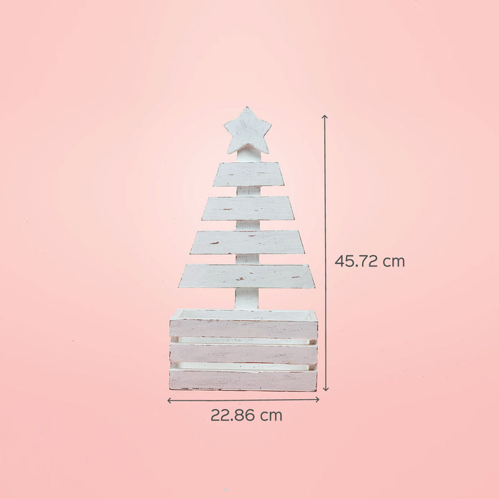 Hand-Painted White Small Wooden Christmas Tree Decor With Basket For Christmas Wall Decoration
