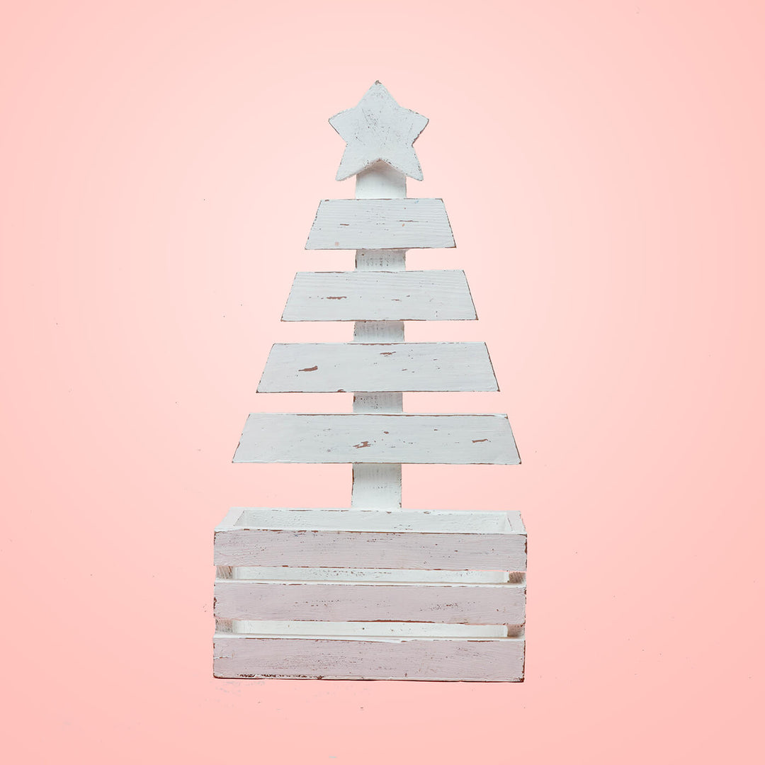 Hand-Painted White Small Wooden Christmas Tree Decor With Basket For Christmas Wall Decoration