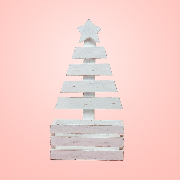 Hand-Painted White Small Wooden Christmas Tree Decor With Basket For Christmas Wall Decoration