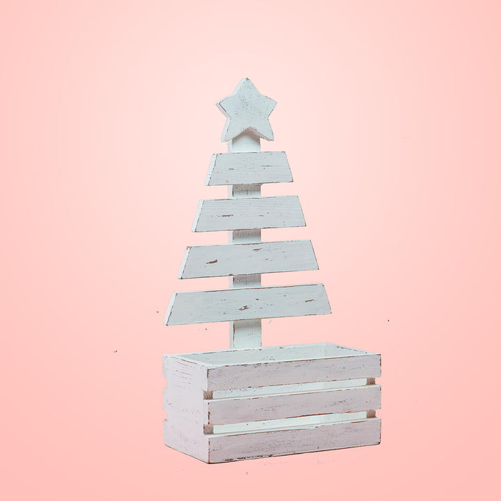 Hand-Painted White Small Wooden Christmas Tree Decor With Basket For Christmas Wall Decoration