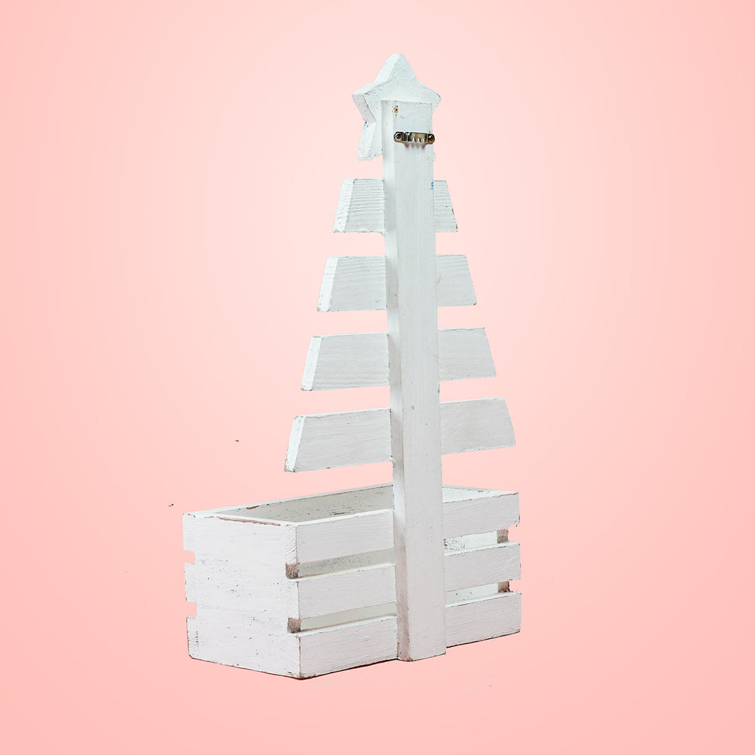Hand-Painted White Small Wooden Christmas Tree Decor With Basket For Christmas Wall Decoration