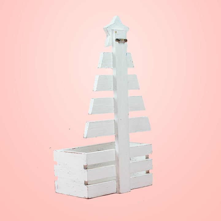 Hand-Painted White Small Wooden Christmas Tree Decor With Basket For Christmas Wall Decoration