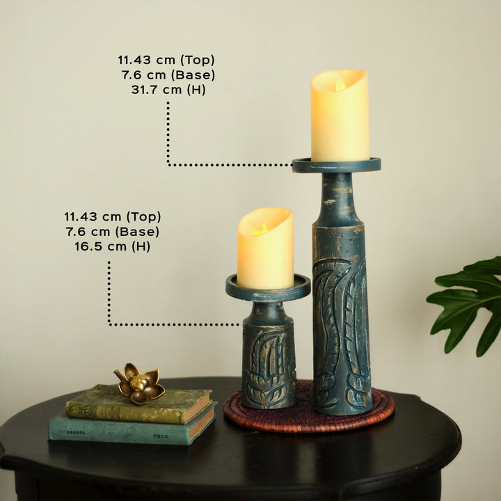 Handcrafted Leafy Teak Wood Candle Holders | Set Of 2