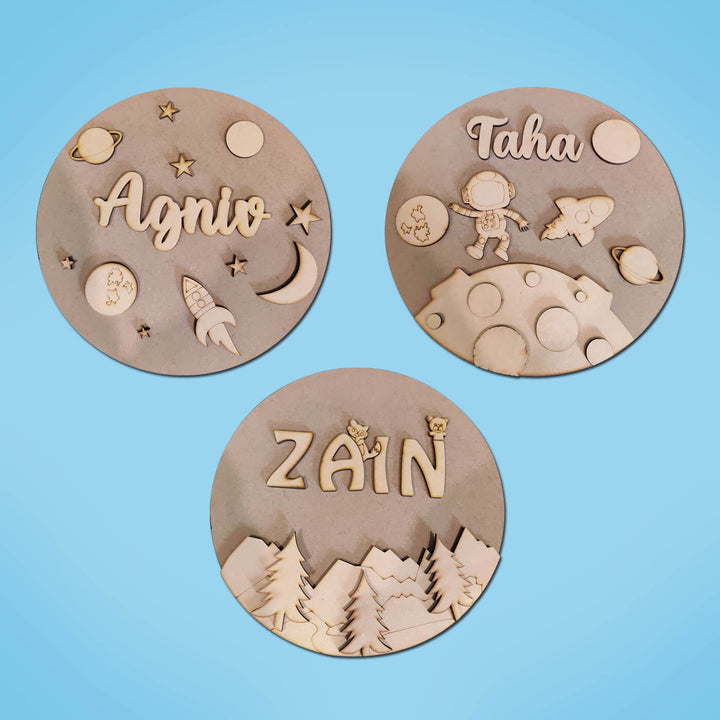 Sibling Ready To Paint MDF Nameboard Bundle - Space and Mountain - Set of 3