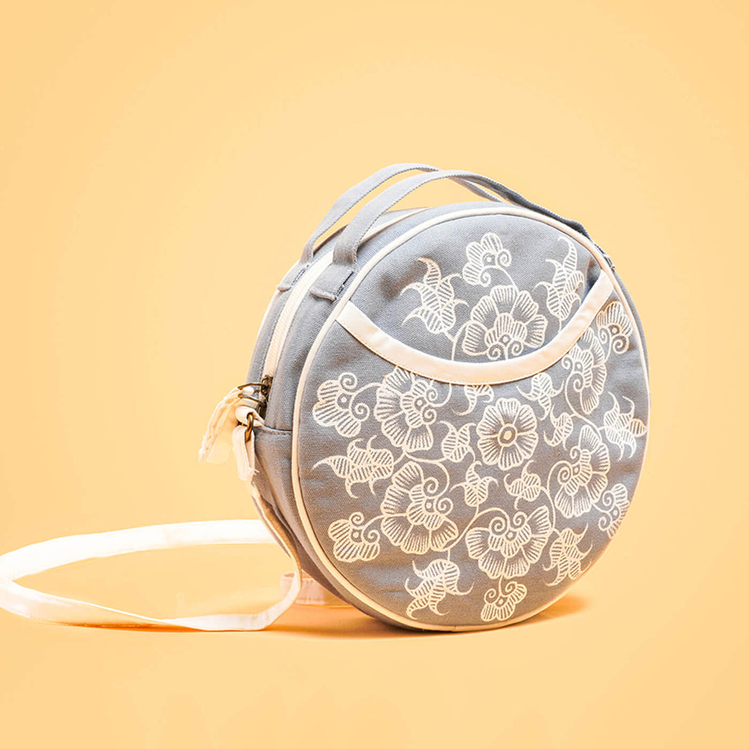 Floral Grey & White Madhubani Art Round Sling Bag