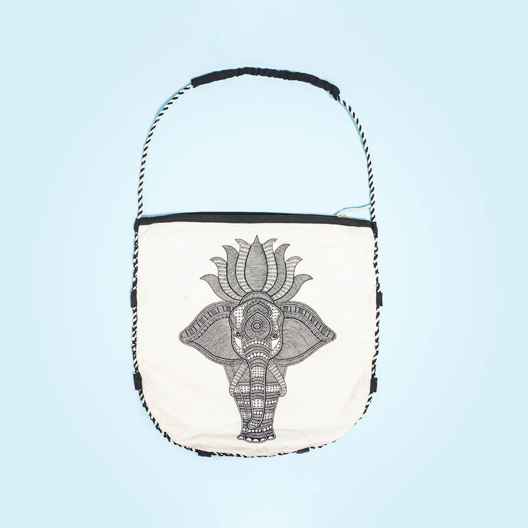 Hand-painted Madhubani Art White Tote Bag With Elephant Design