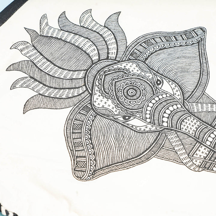 Hand-painted Madhubani Art White Tote Bag With Elephant Design
