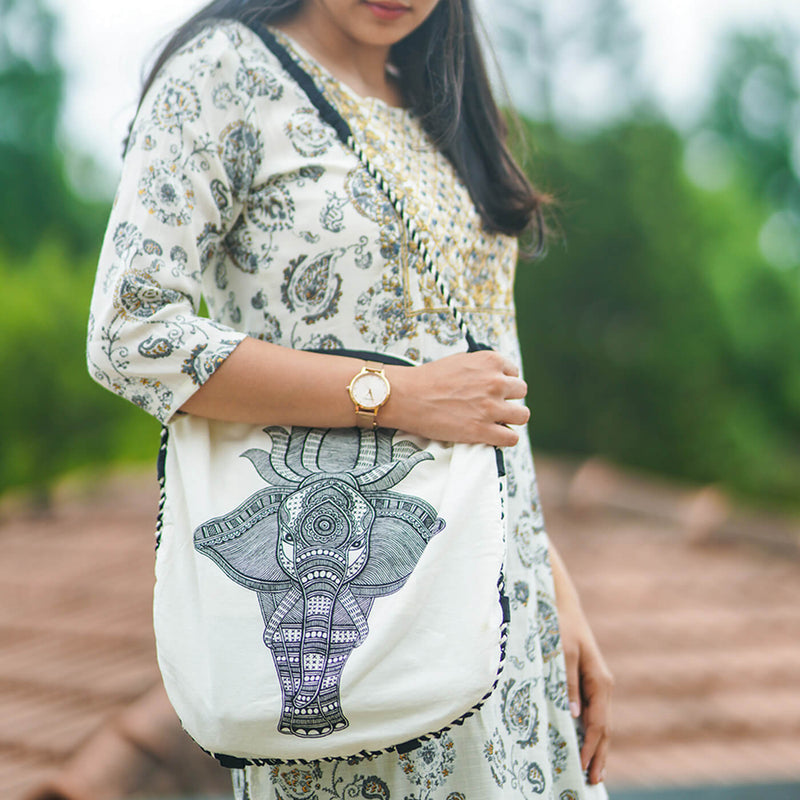 Hand-painted Madhubani Art White Tote Bag With Elephant Design