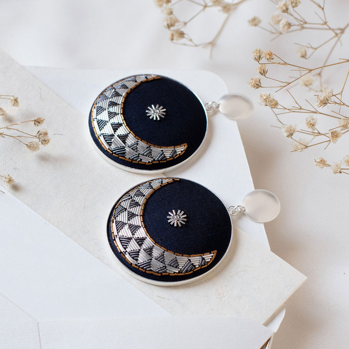 Embroidered Silver-Grey Moon Lilith at Night Earrings