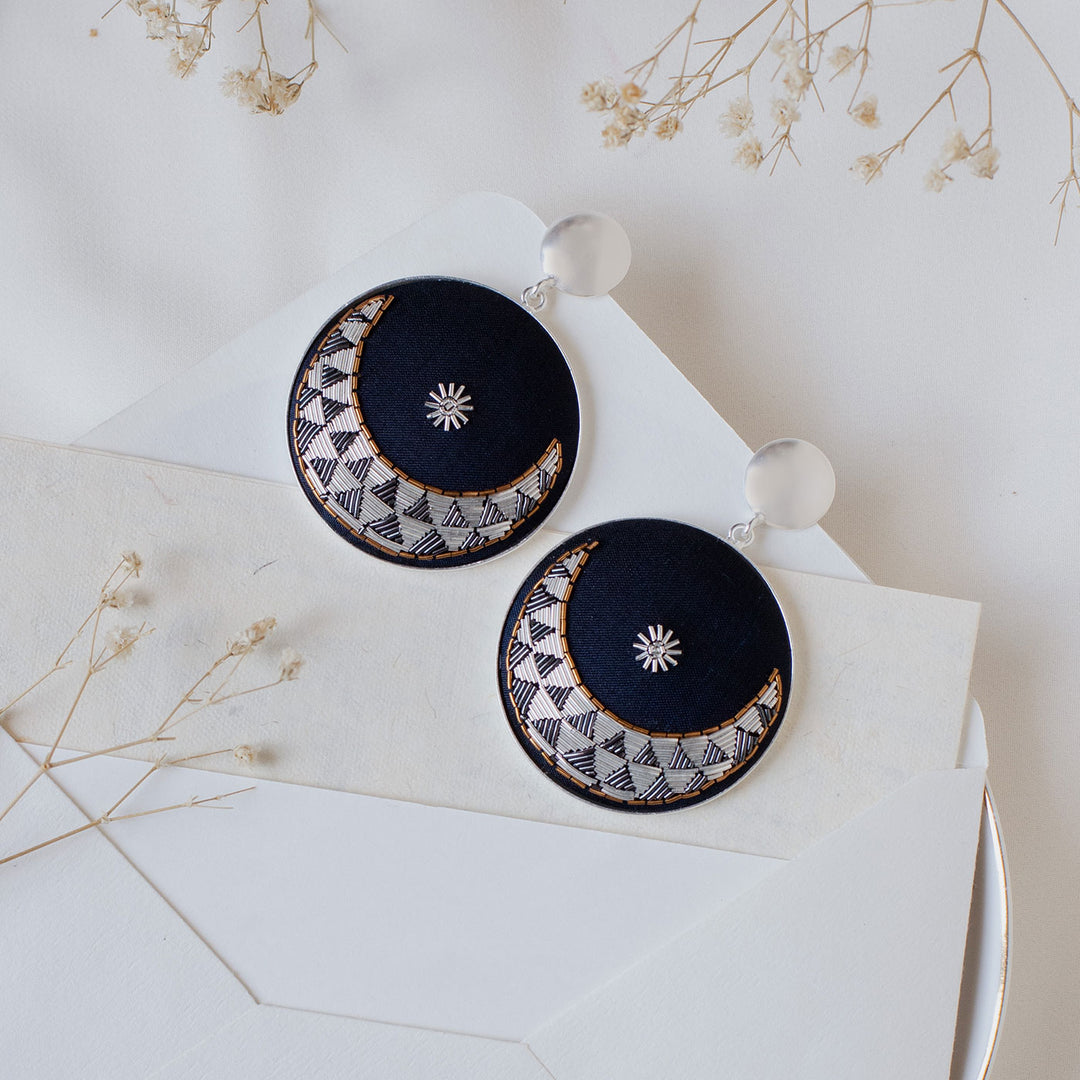 Embroidered Silver-Grey Moon Lilith at Night Earrings