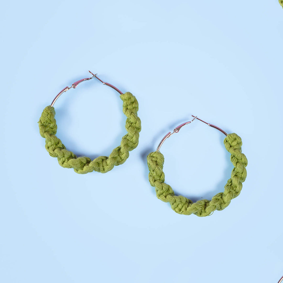 Green Twisted Macrame Hoop Earrings