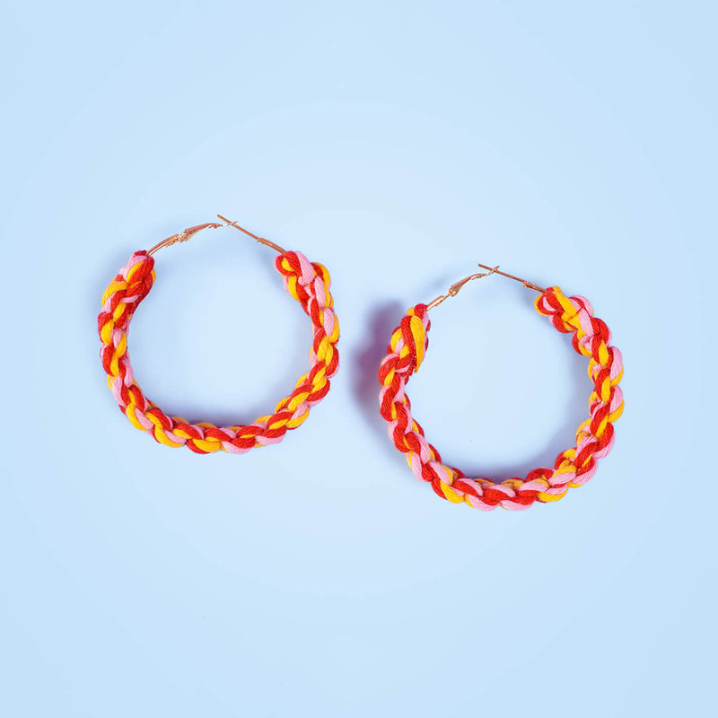 Shades of Red and Yellow Macrame Hoop Earrings