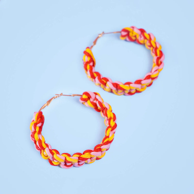 Shades of Red and Yellow Macrame Hoop Earrings