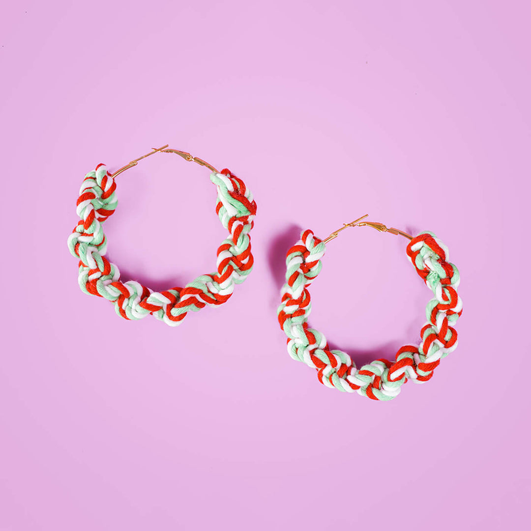Shades of White and Red Macrame Hoop Earrings