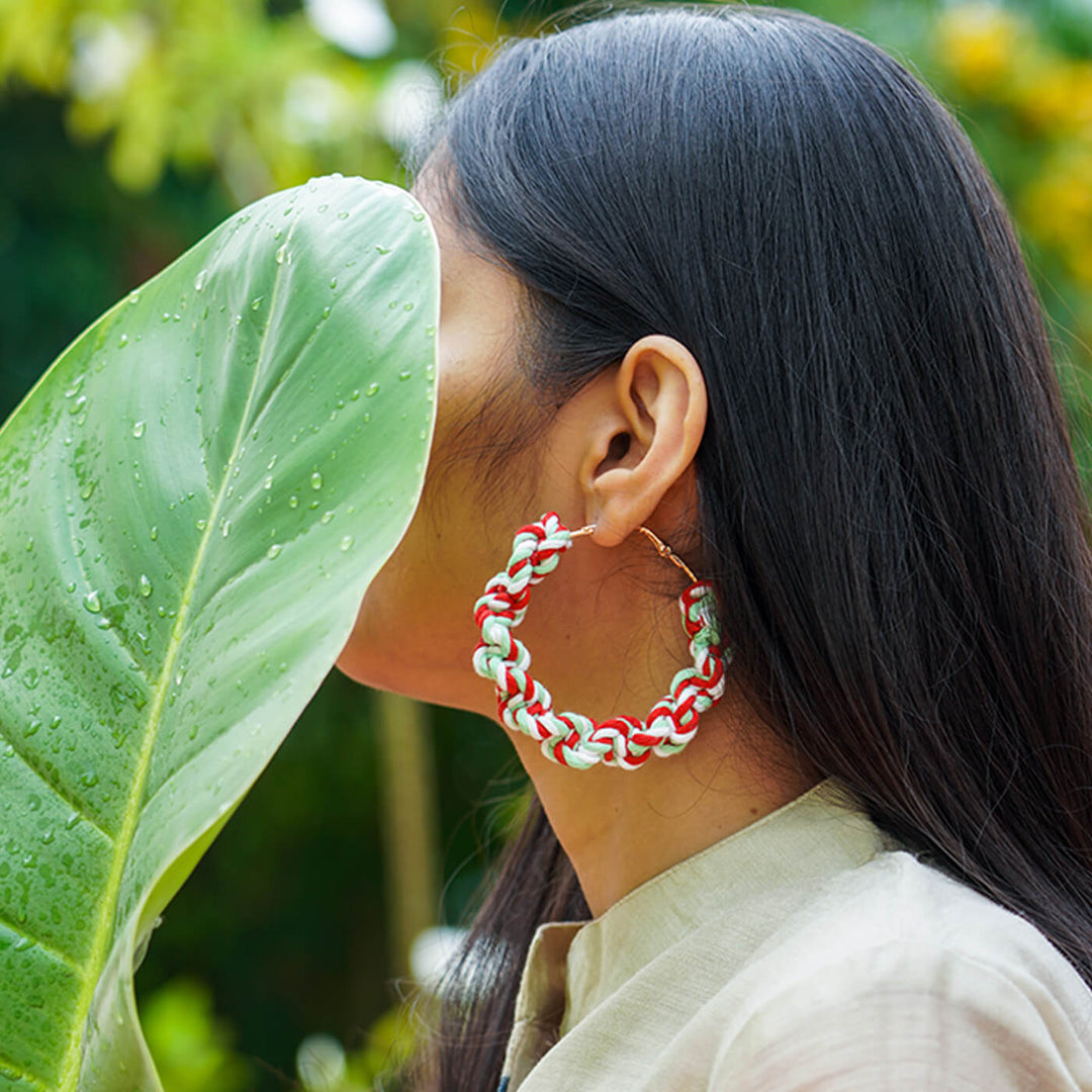 Buy Shades of White and Red Macrame Hoop Earrings Online On Zwende