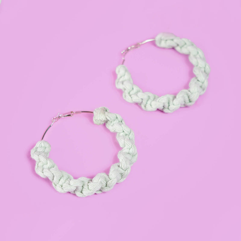 Pastel Green Twisted Macrame Hoop Earrings